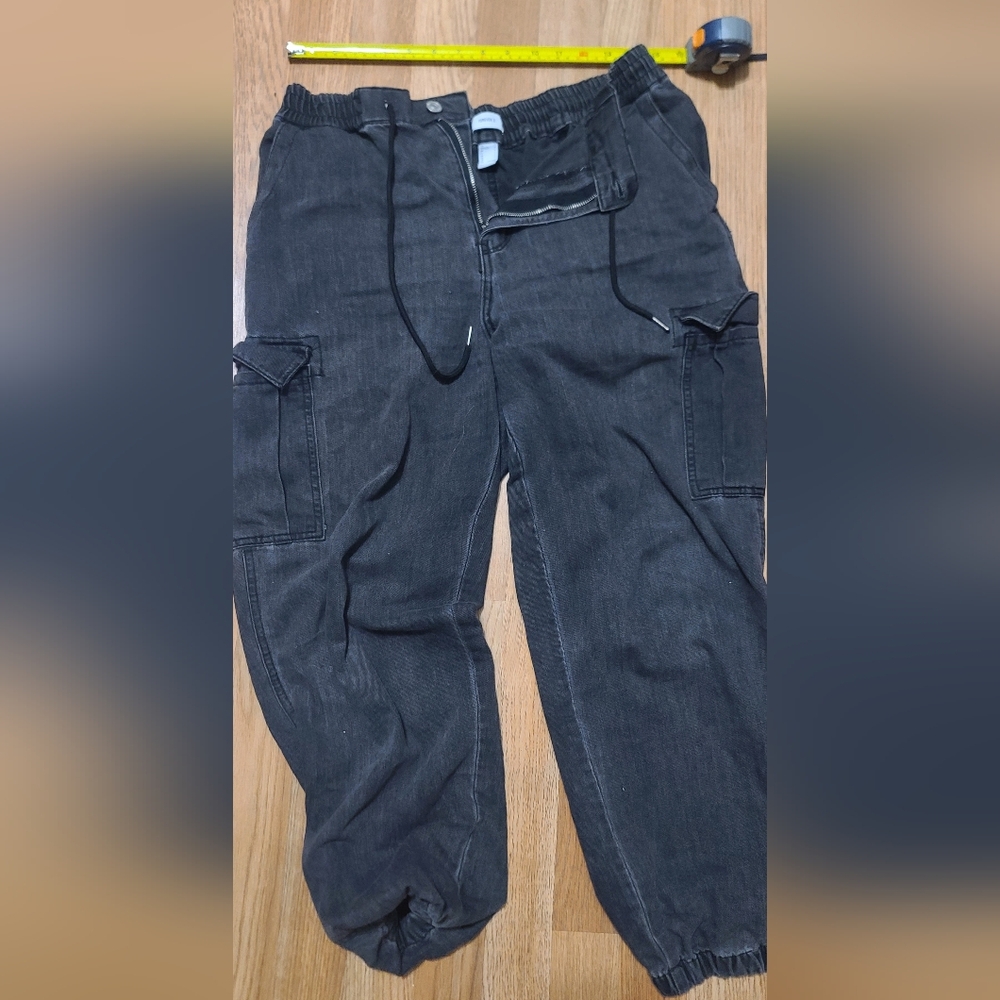 Dark Gray Distressed Black Baggy Jeans with Elastic Waist - Women's Large Pants